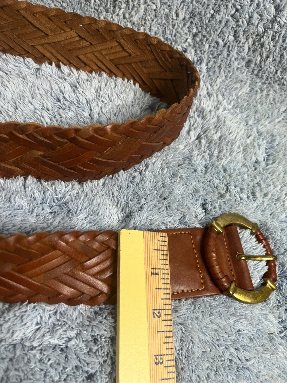 Braided Brown Leather Belt with Brass Buckle Size Medium